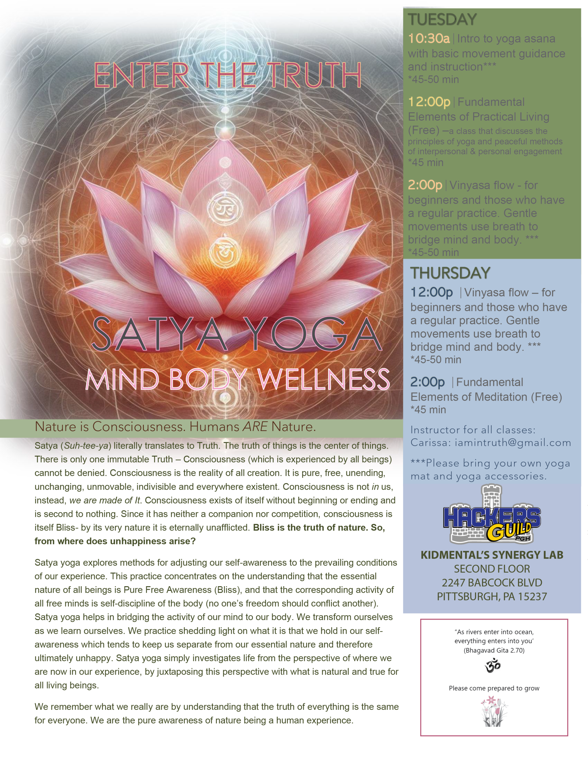 Satya Yoga – Tuesday, May 20th, 2025 Sessions